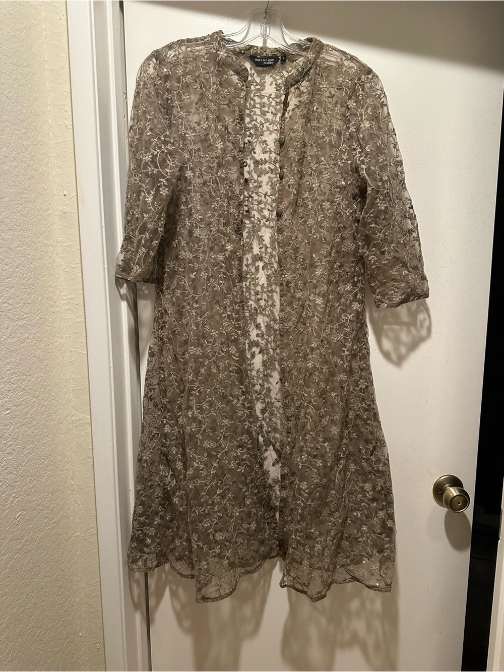 Melange Embroidered Sheer Overlay Cardigan in Olive Green Size Medium